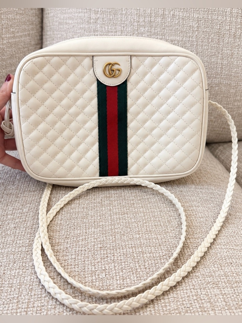 Gucci White Quilted Web Stripe Crossbody Bag